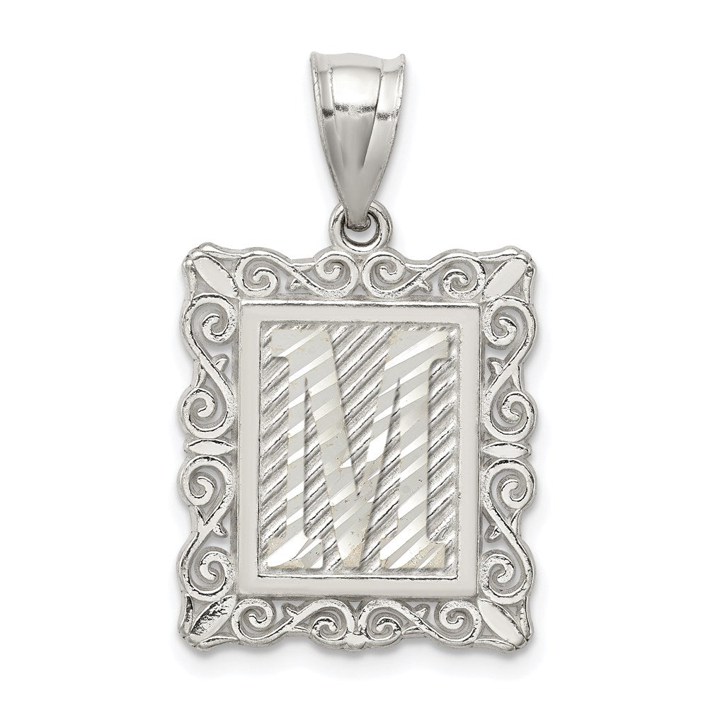 Sterling Silver Square Diamond-cut Letter M Initial Pendant