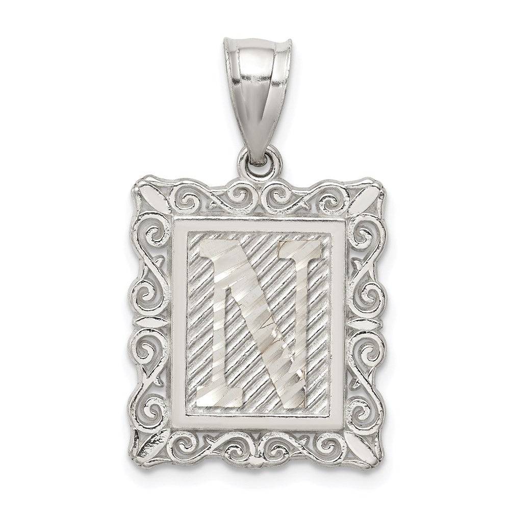 Sterling Silver Square Diamond-cut Letter N Initial Pendant