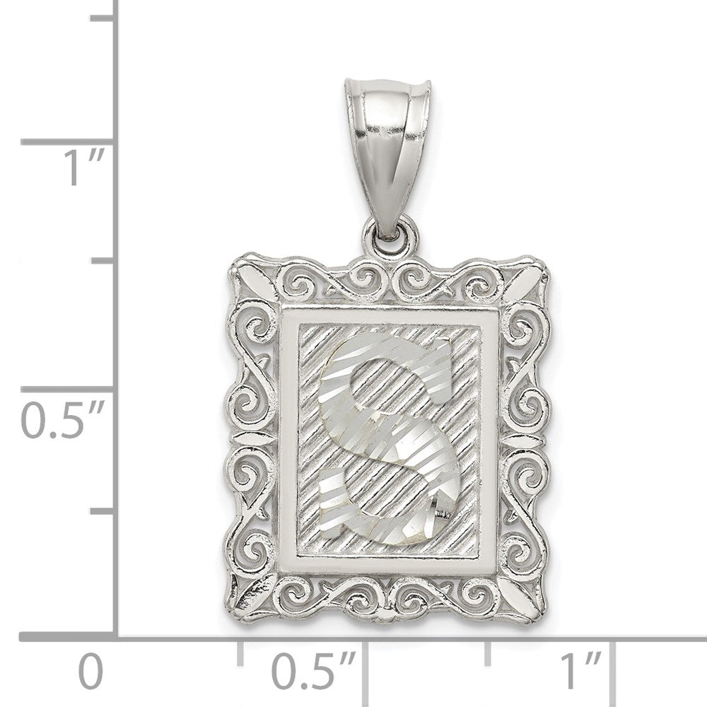 Sterling Silver Square Diamond-cut Letter S Initial Pendant