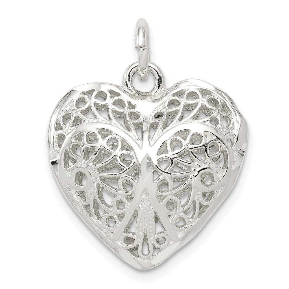 Sterling Silver Fancy Filigree Puffed Heart Charm