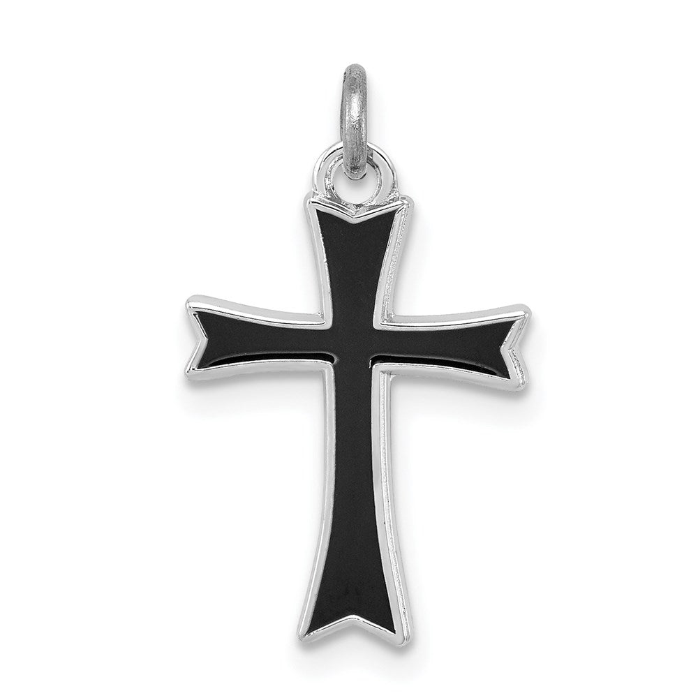 Sterling Silver Rhodium-plated Black Enameled Cross Charm