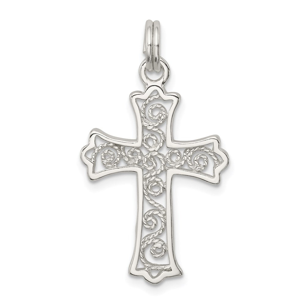 Sterling Silver Rhodium-plated Filigree Cross Charm