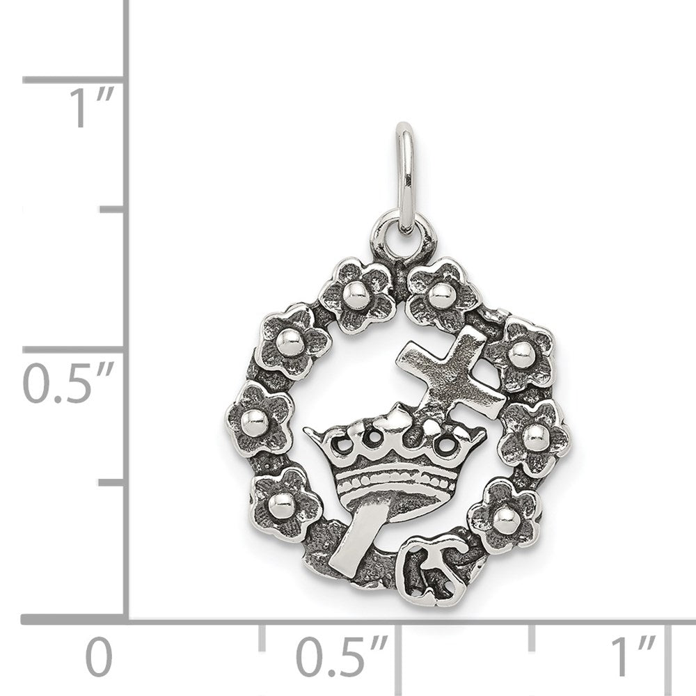 Sterling Silver Antiqued Cross, Crown & Wreath Charm