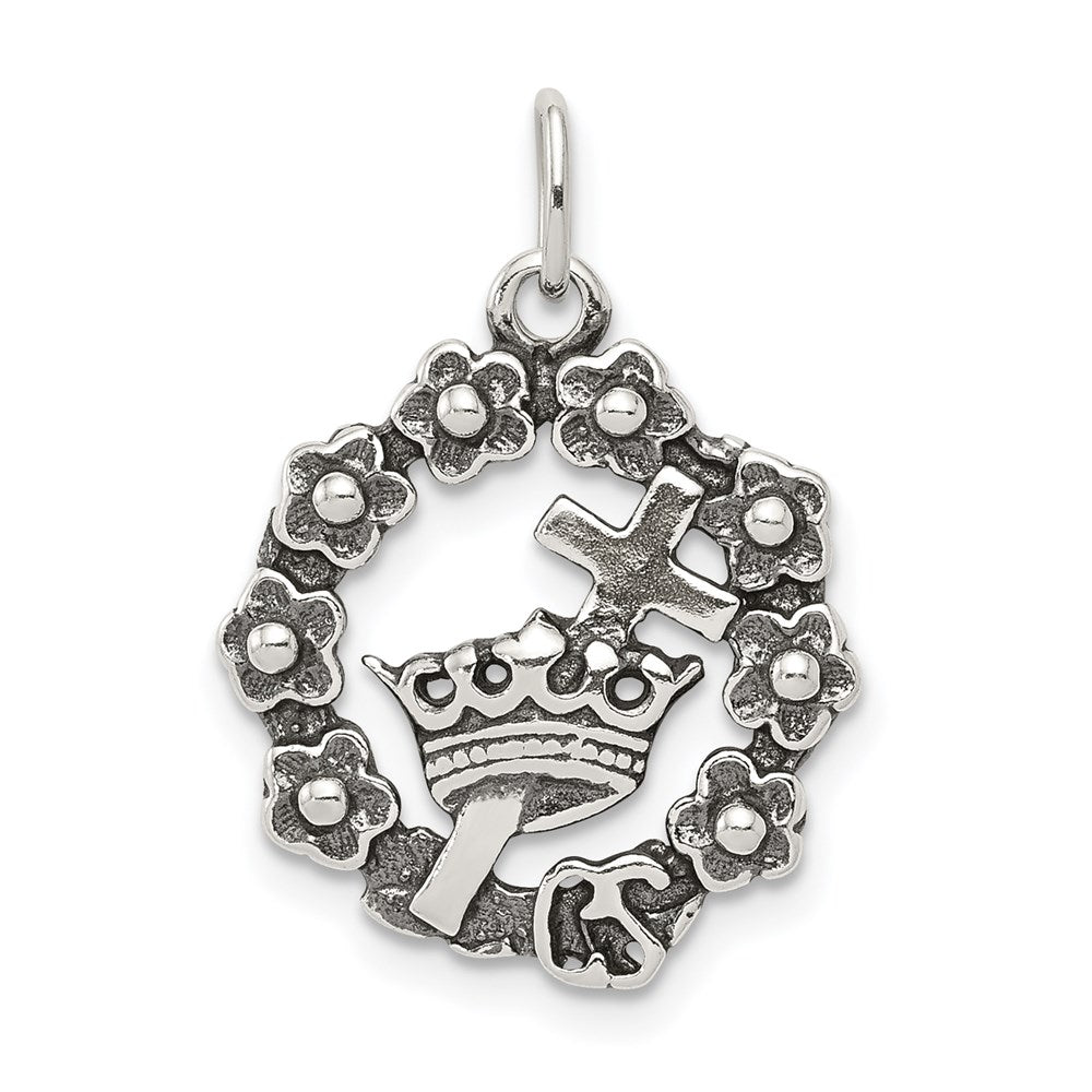 Sterling Silver Antiqued Cross, Crown & Wreath Charm