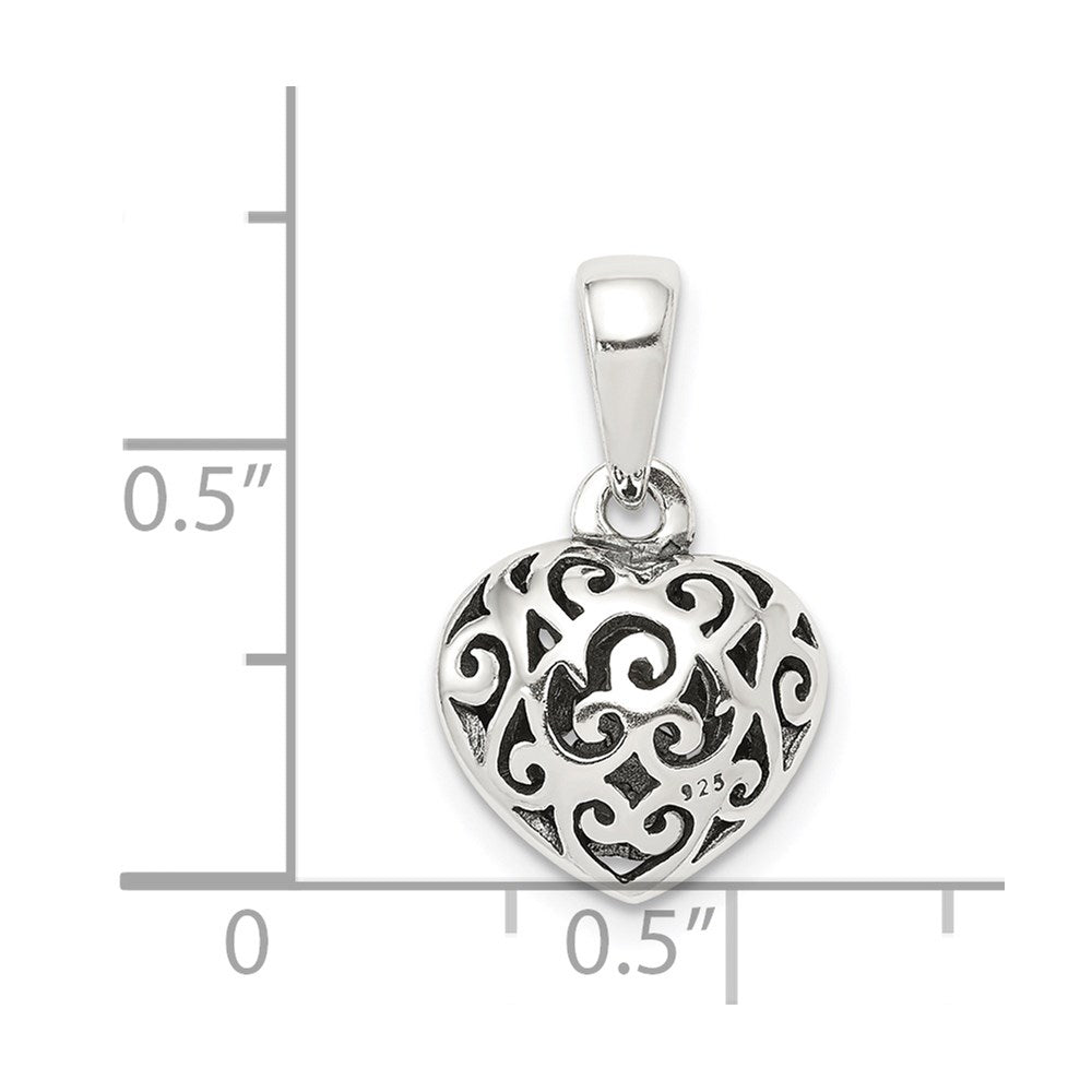 Sterling Silver Antique Filigree Puff Heart Pendant