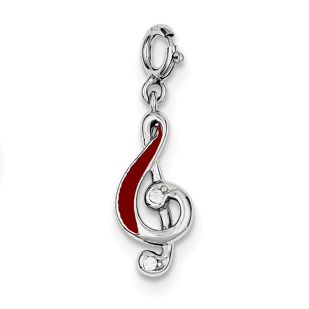 Sterling Silver Rhodium-plated Red Enameled Treble Clef Charm