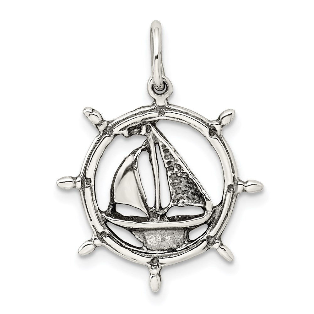 Sterling Silver Antiqued Sailboat in Wheel Charm