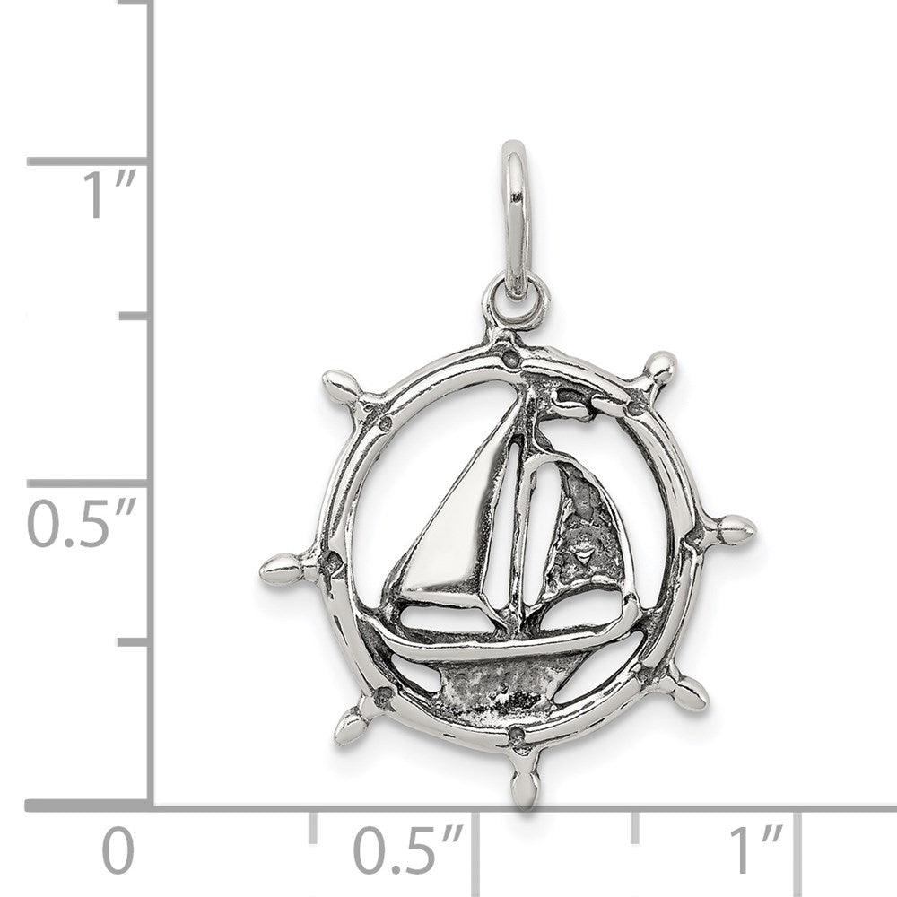 Sterling Silver Antiqued Sailboat in Wheel Charm