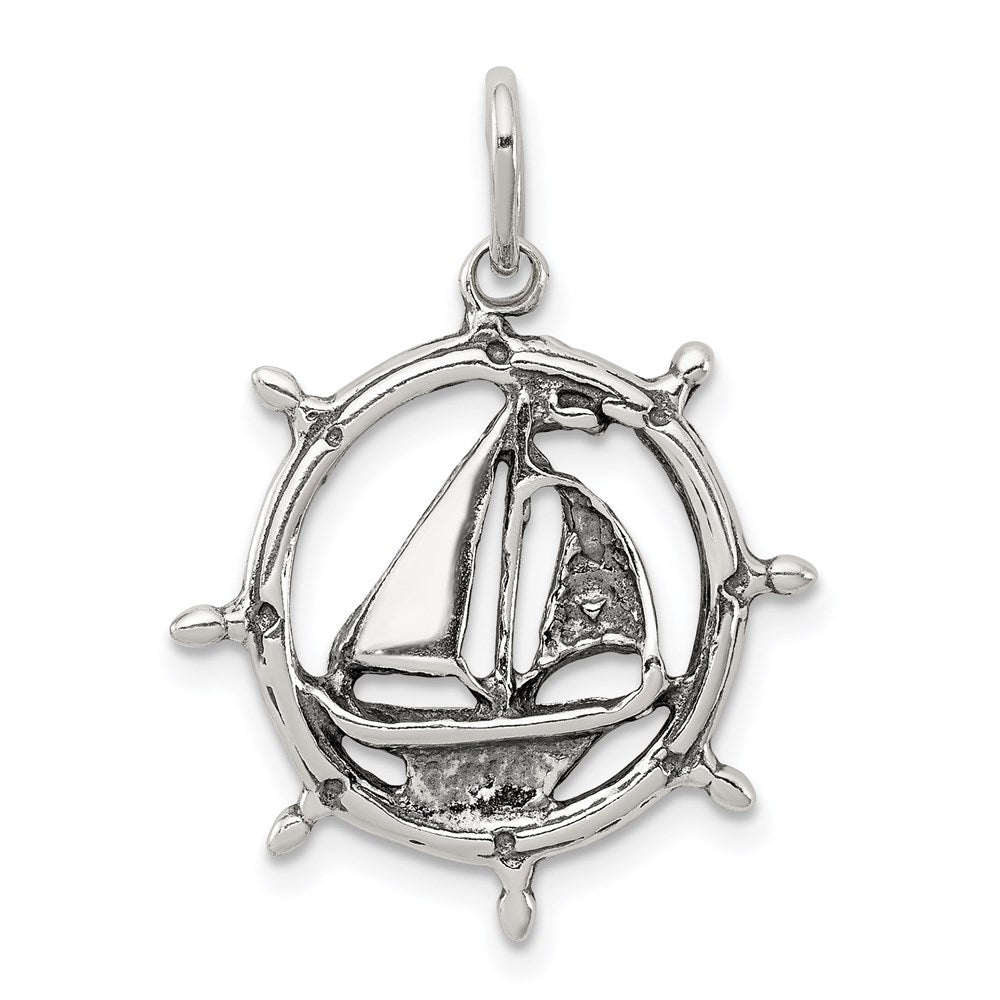 Sterling Silver Antiqued Sailboat in Wheel Charm