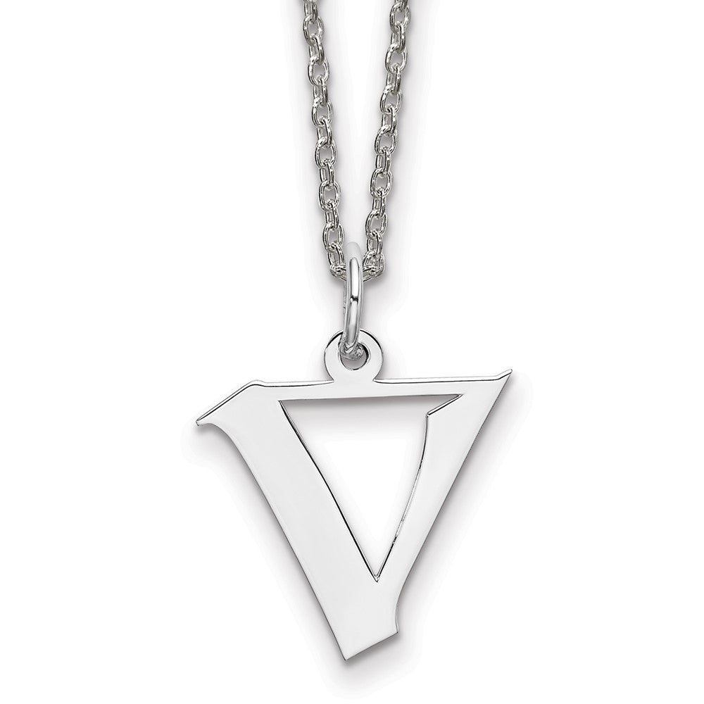 Sterling Silver Rhodium-plated Medium Artisan Block Initial V Necklace