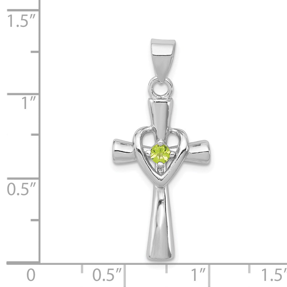 Sterling Silver Rhodium-platedPeridot Heart Cross Pendant