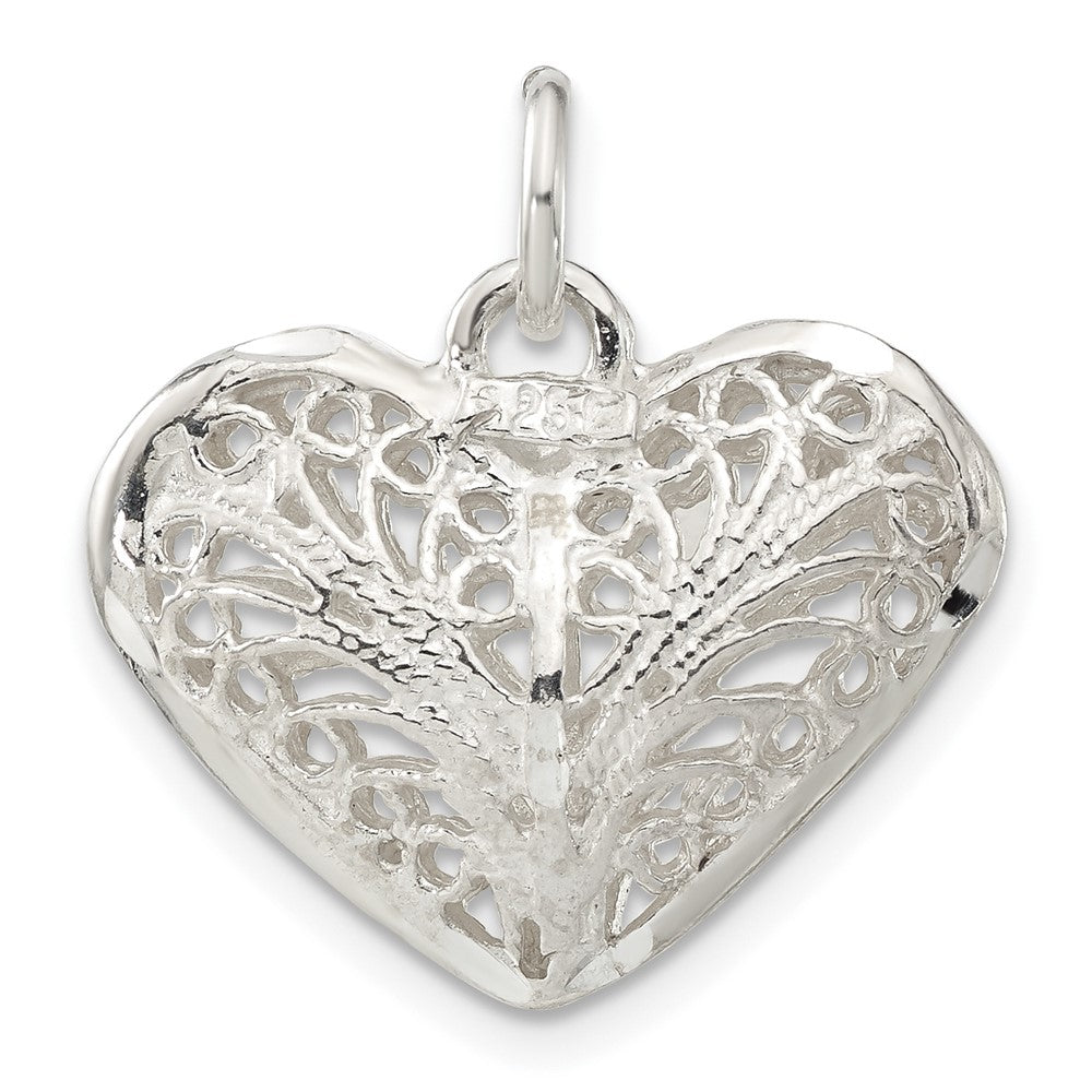 Sterling Silver Polished Filigree Puffed Heart Charm