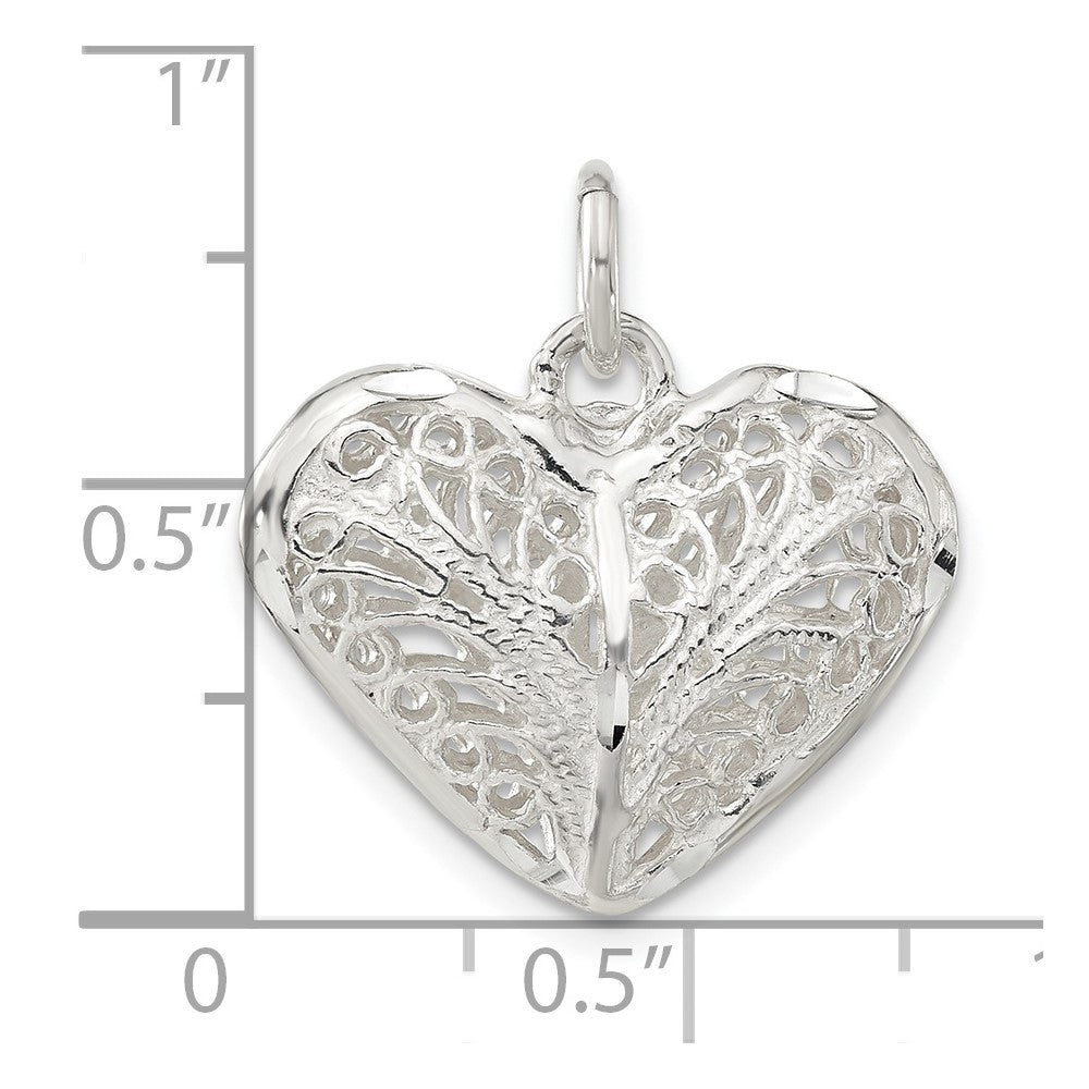 Sterling Silver Polished Filigree Puffed Heart Charm