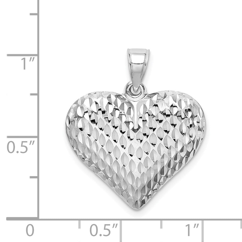 Sterling Silver Rhodium-plated Diamond-cut Puffed Heart Pendant