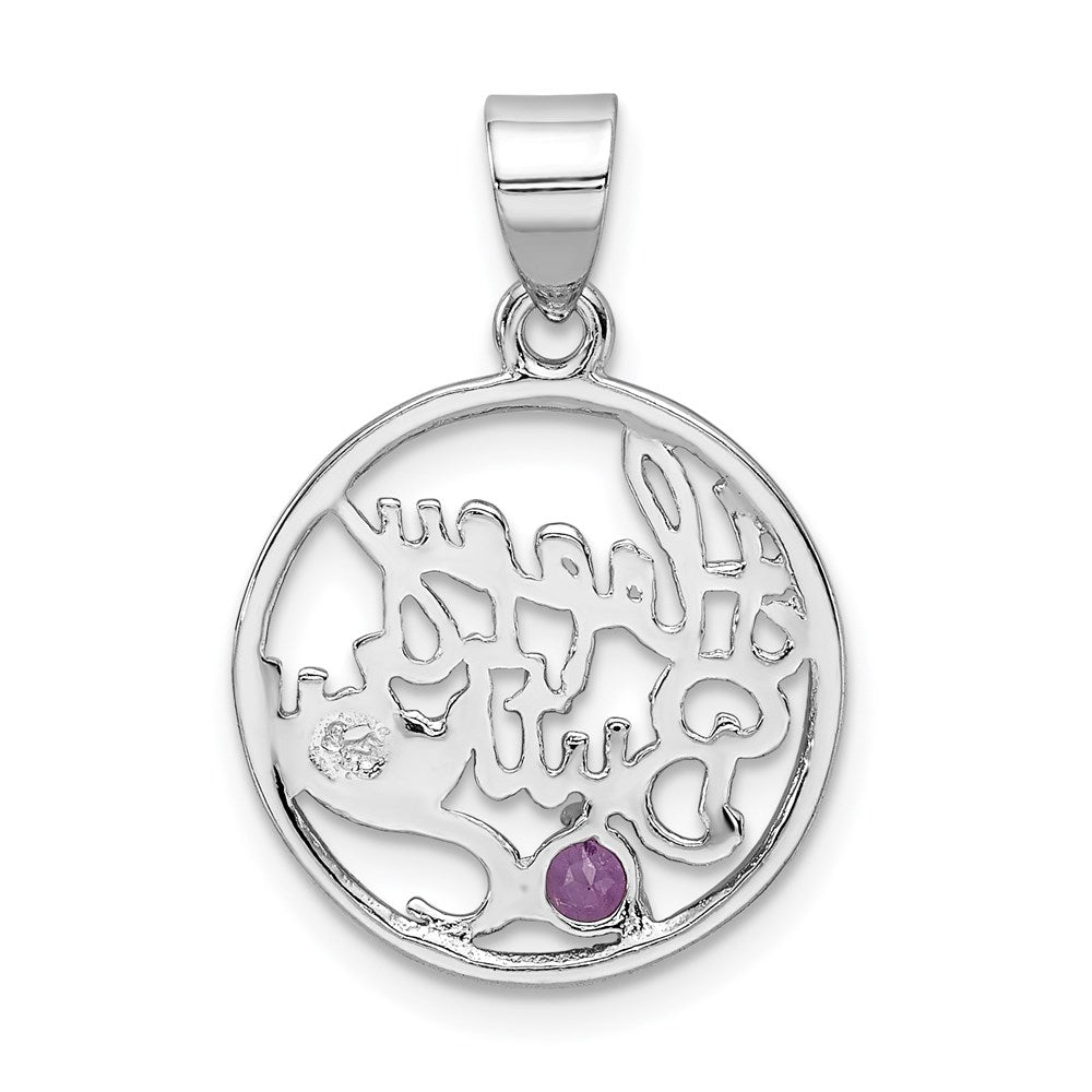 Sterling Silver Rhodium-plated Amethyst Happy Birthday Pendant