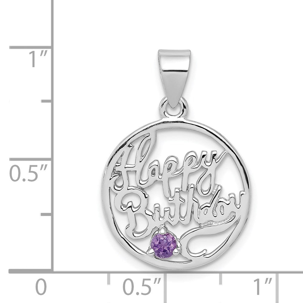 Sterling Silver Rhodium-plated Amethyst Happy Birthday Pendant