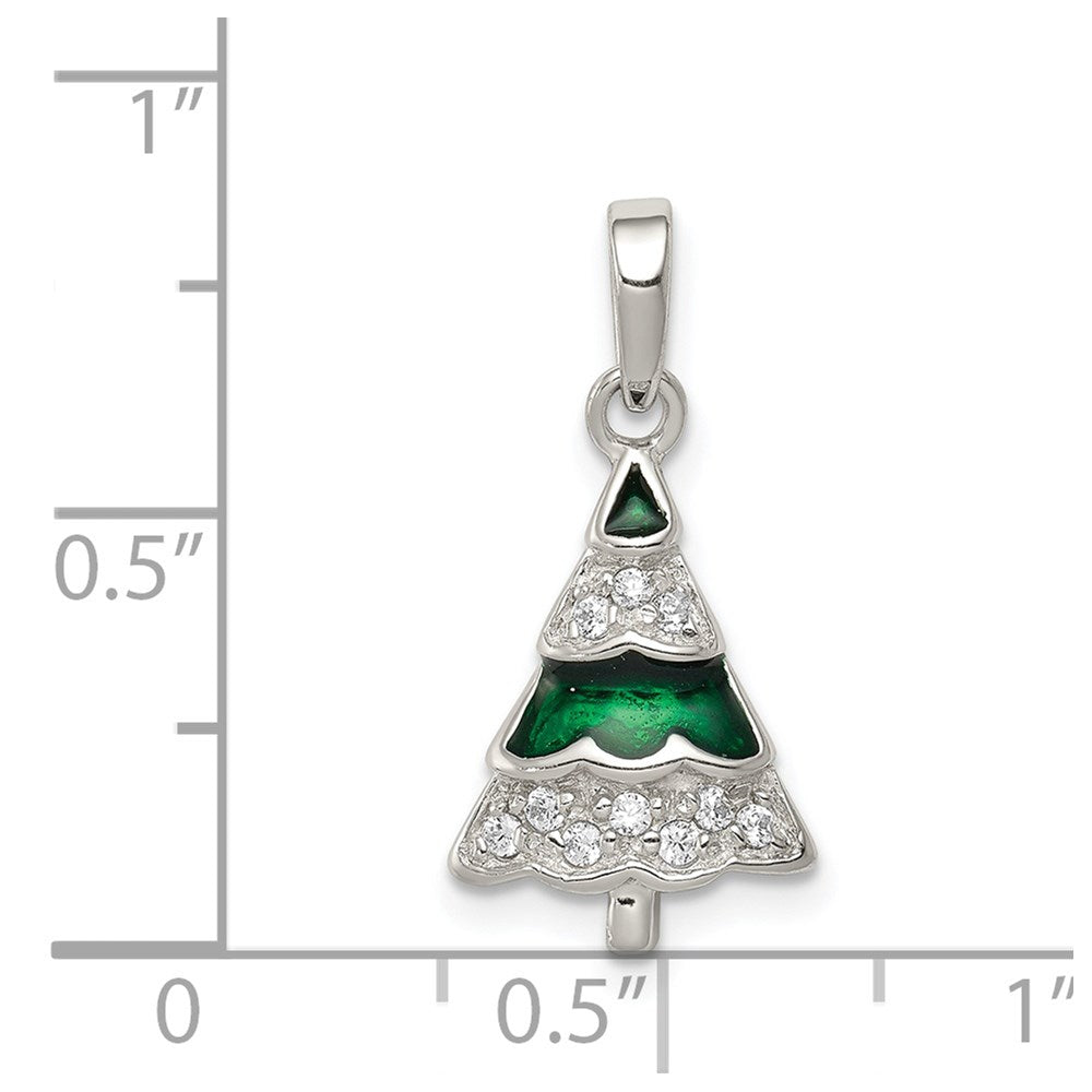 Sterling Silver Rhodium-plated CZ and Enameled Christmas Tree Pendant