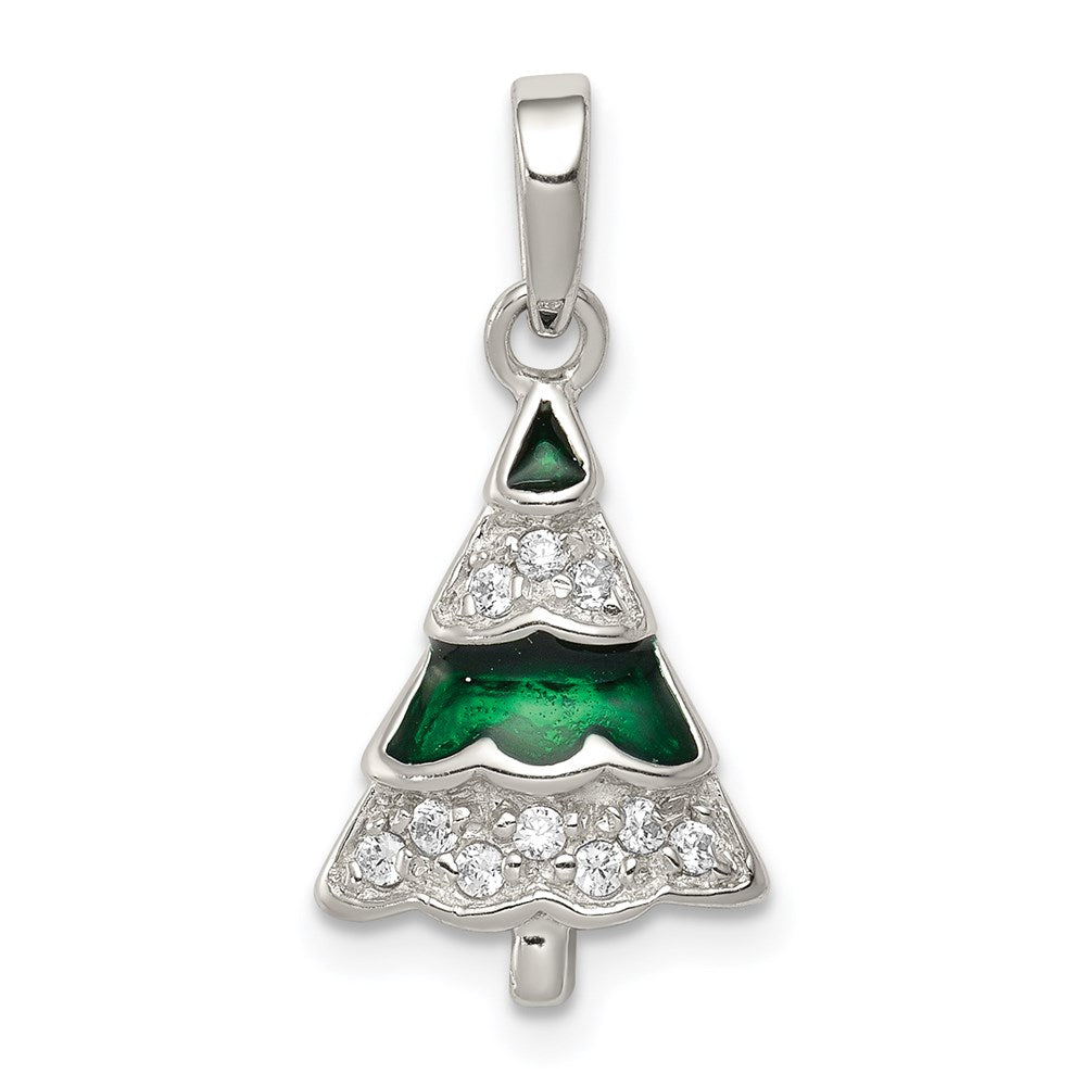 Sterling Silver Rhodium-plated CZ and Enameled Christmas Tree Pendant