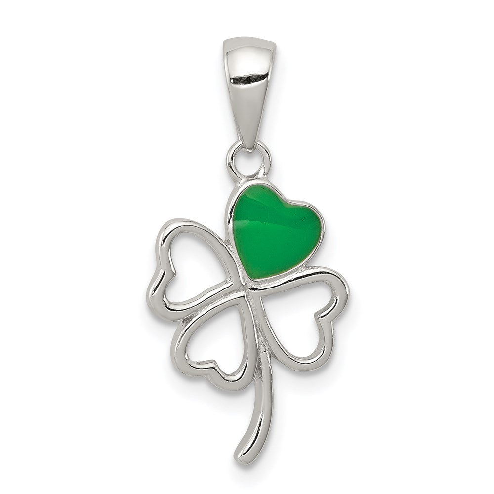 Sterling Silver Rhodium-plated Green Enameled Four Leaf Clover Pendant