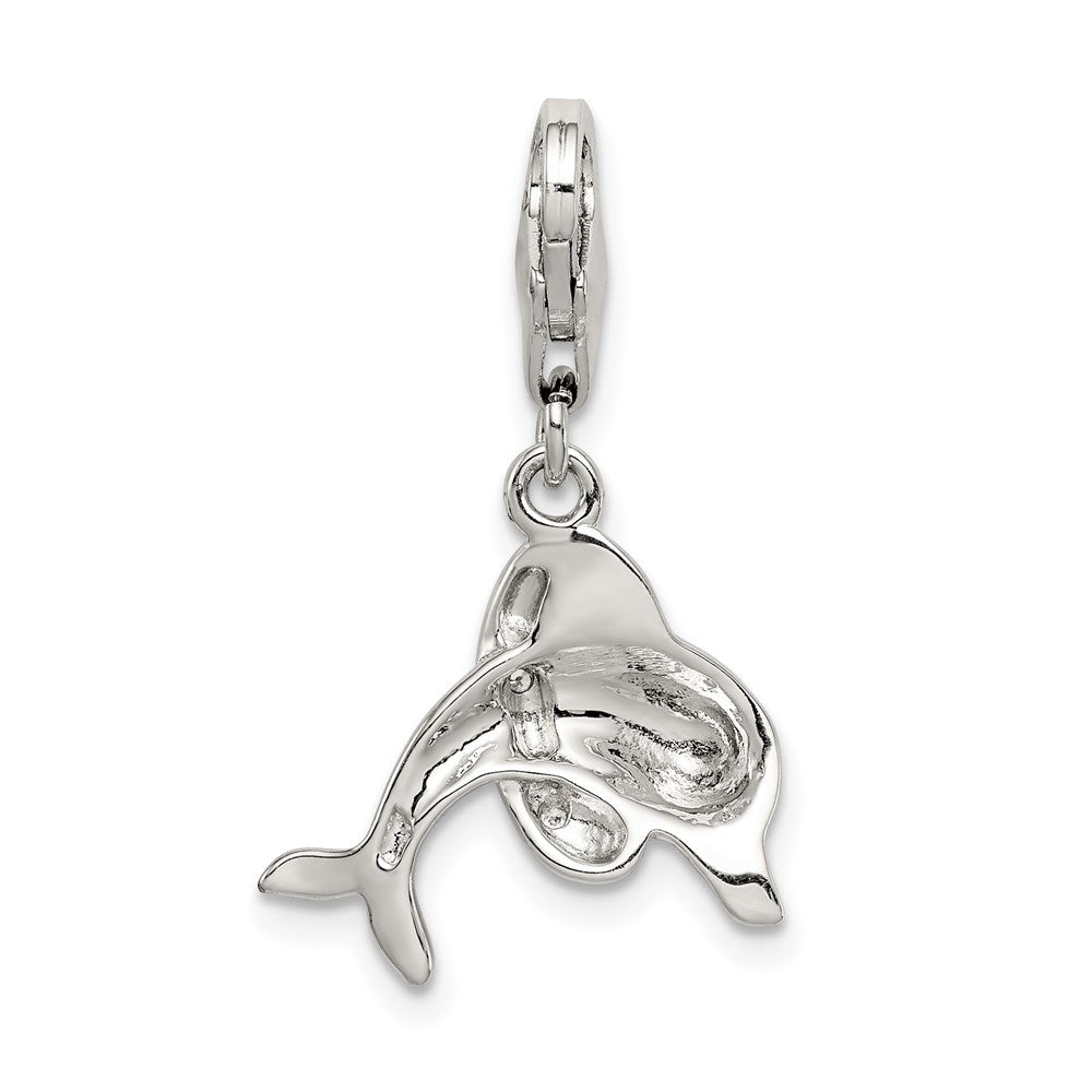 Sterling Silver Rhodium-plated Enameled Dolphin with Lobster Clasp Charm