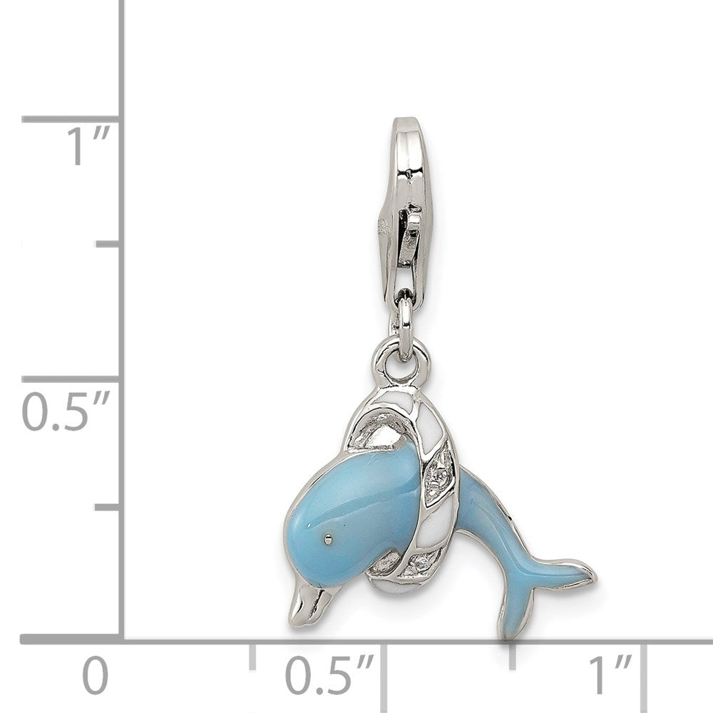 Sterling Silver Rhodium-plated Enameled Dolphin with Lobster Clasp Charm