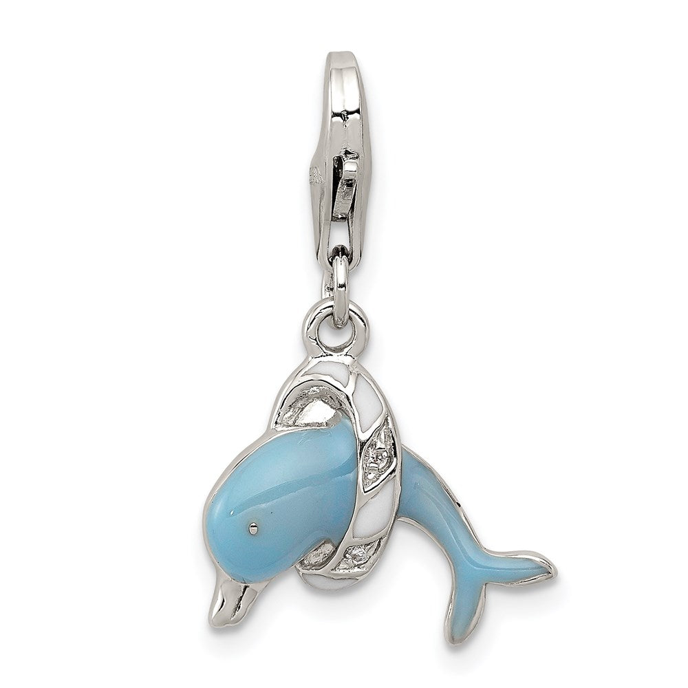 Sterling Silver Rhodium-plated Enameled Dolphin with Lobster Clasp Charm