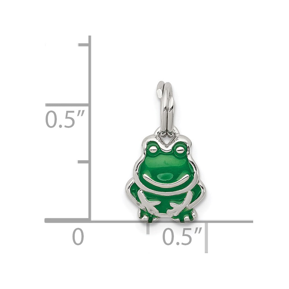 Sterling Silver Rhodium-plated Green Enameled Frog Charm