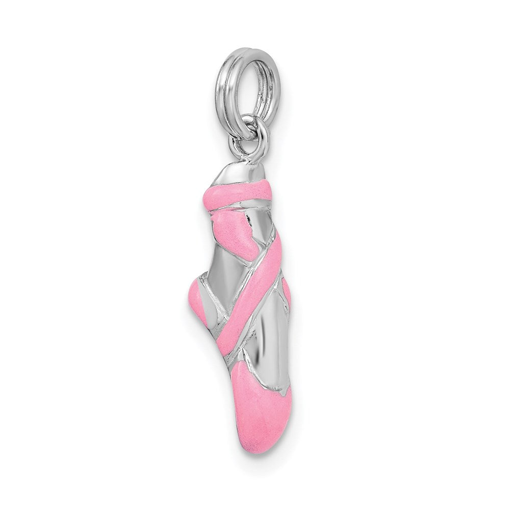 Sterling Silver Rhodium-platedPink Enamel Ballet Slipper Charm