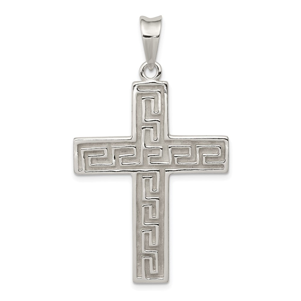 Sterling Silver Polished & Textured Greek Key Cross Pendant