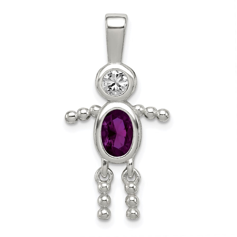 Sterling Silver Rhodium-plated CZ & February Glass Boy Pendant