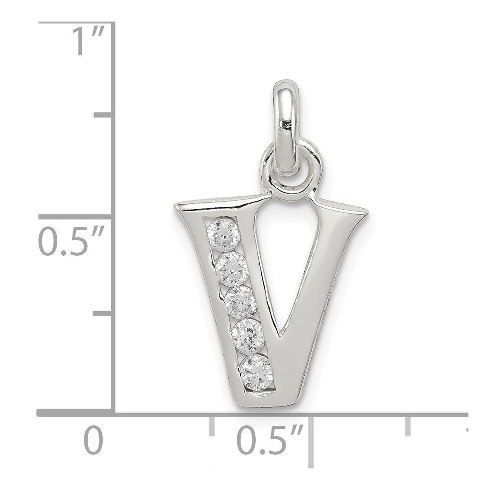 Sterling Silver White CZ Letter V Initial Pendant