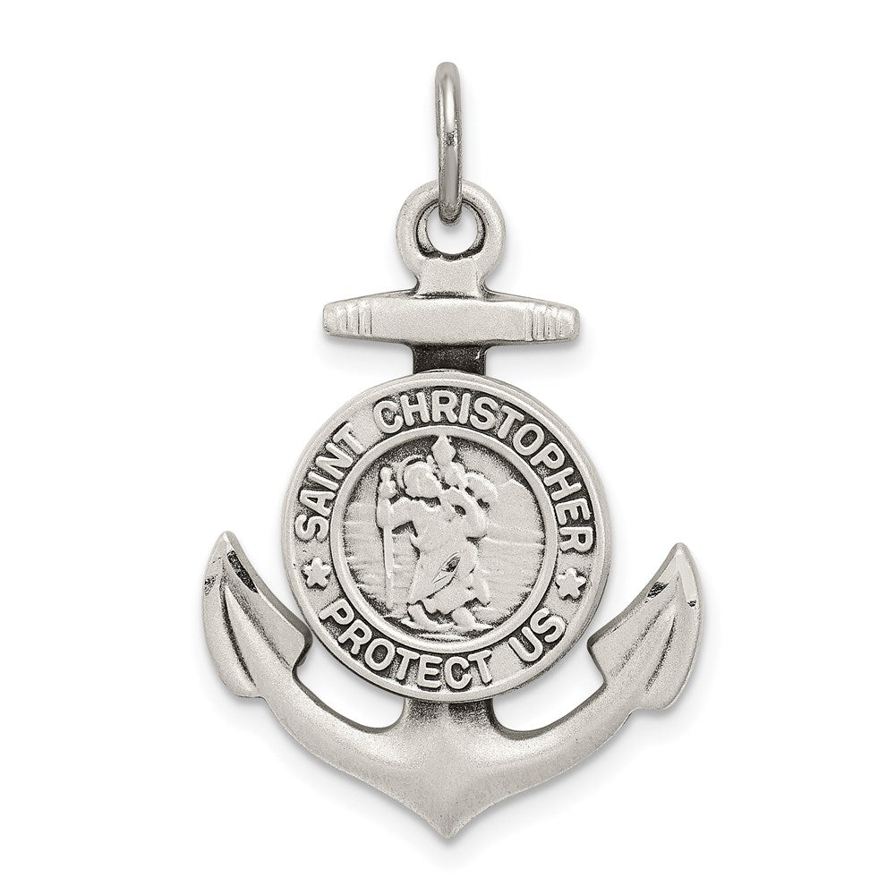 Sterling Silver Antiqued Satin St Christopher Anchor Medal Pendant