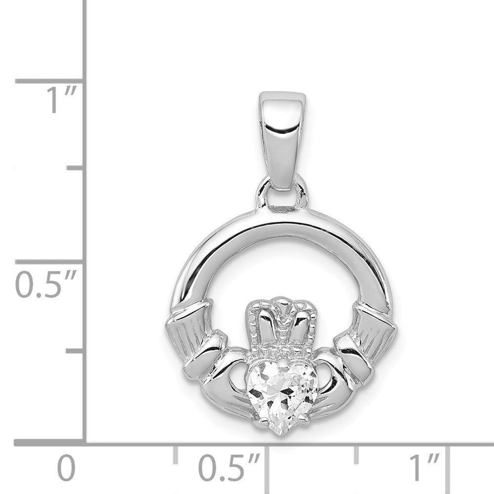 Sterling Silver Rhodium Plated CZ Claddagh Pendant