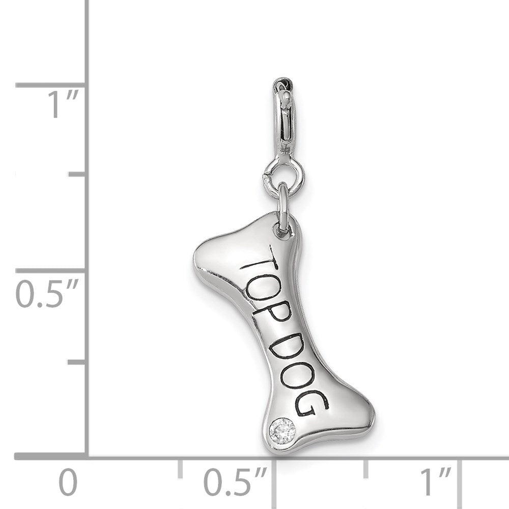 Sterling Silver Rhodium-plated CZ Dog Bone Top Dog Charm