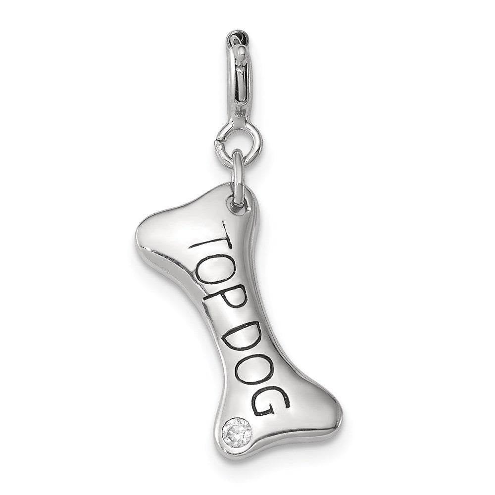 Sterling Silver Rhodium-plated CZ Dog Bone Top Dog Charm