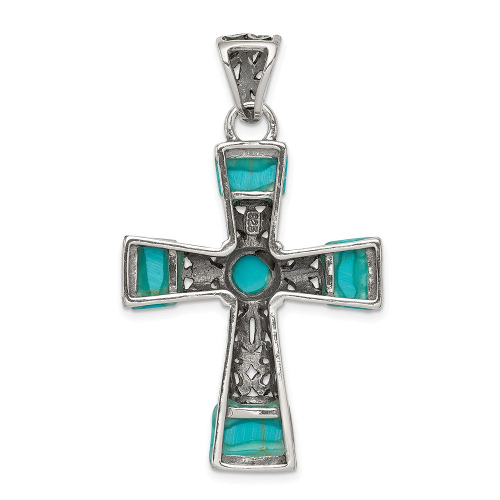 Sterling Silver Synthetic Turquoise Antiqued Cross Pendant