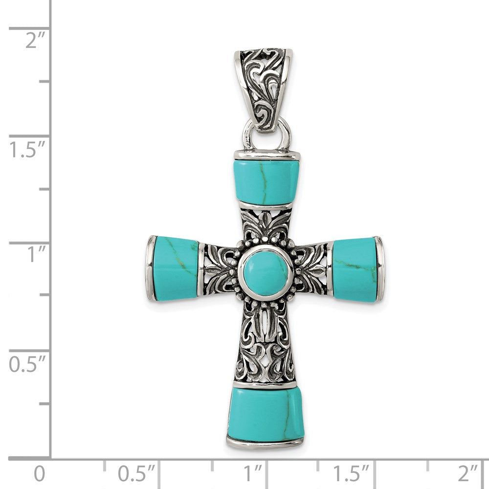 Sterling Silver Synthetic Turquoise Antiqued Cross Pendant