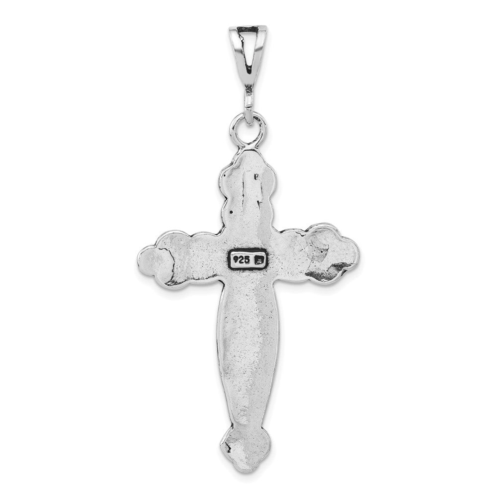 Sterling Silver Polished Antiqued & Textured Large Floral Cross Pendant