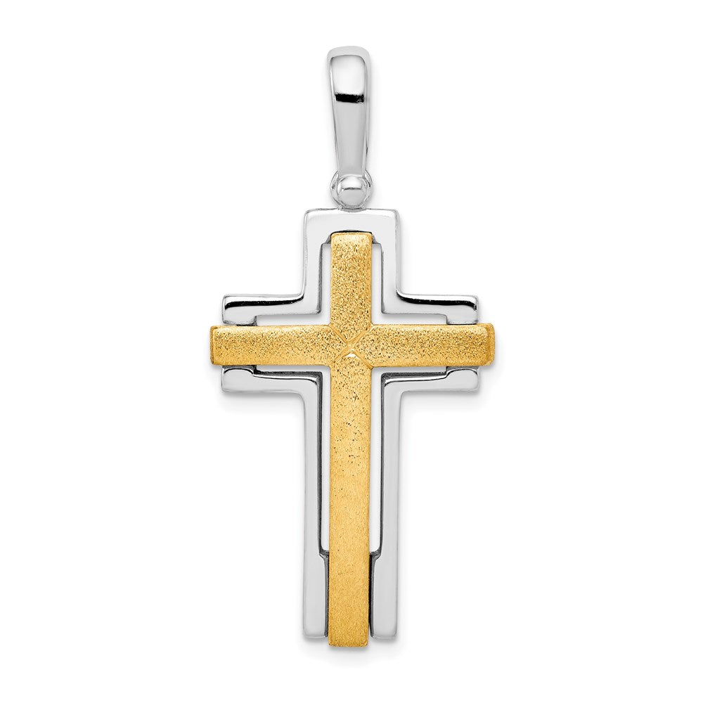 Sterling Silver Rhodium-plated & Gold-tone Brshd/Polished Cross Pendant