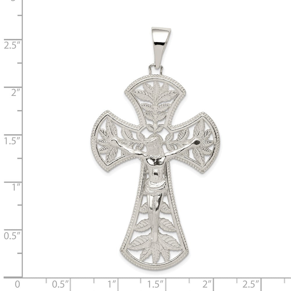 Sterling Silver Polished Leaf Large INRI Crucifix Pendant