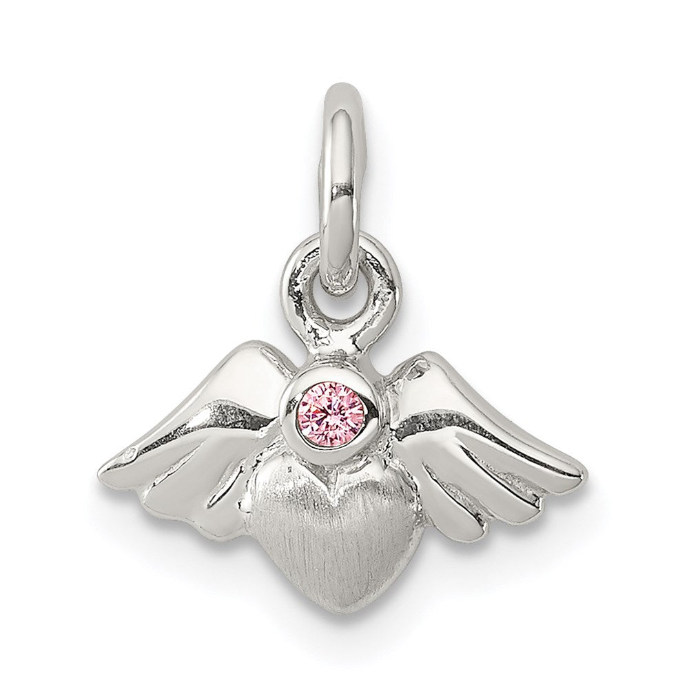 Sterling Silver Rhod-pltd Polished/Satin Heart w/Wings Pink CZ Pendant