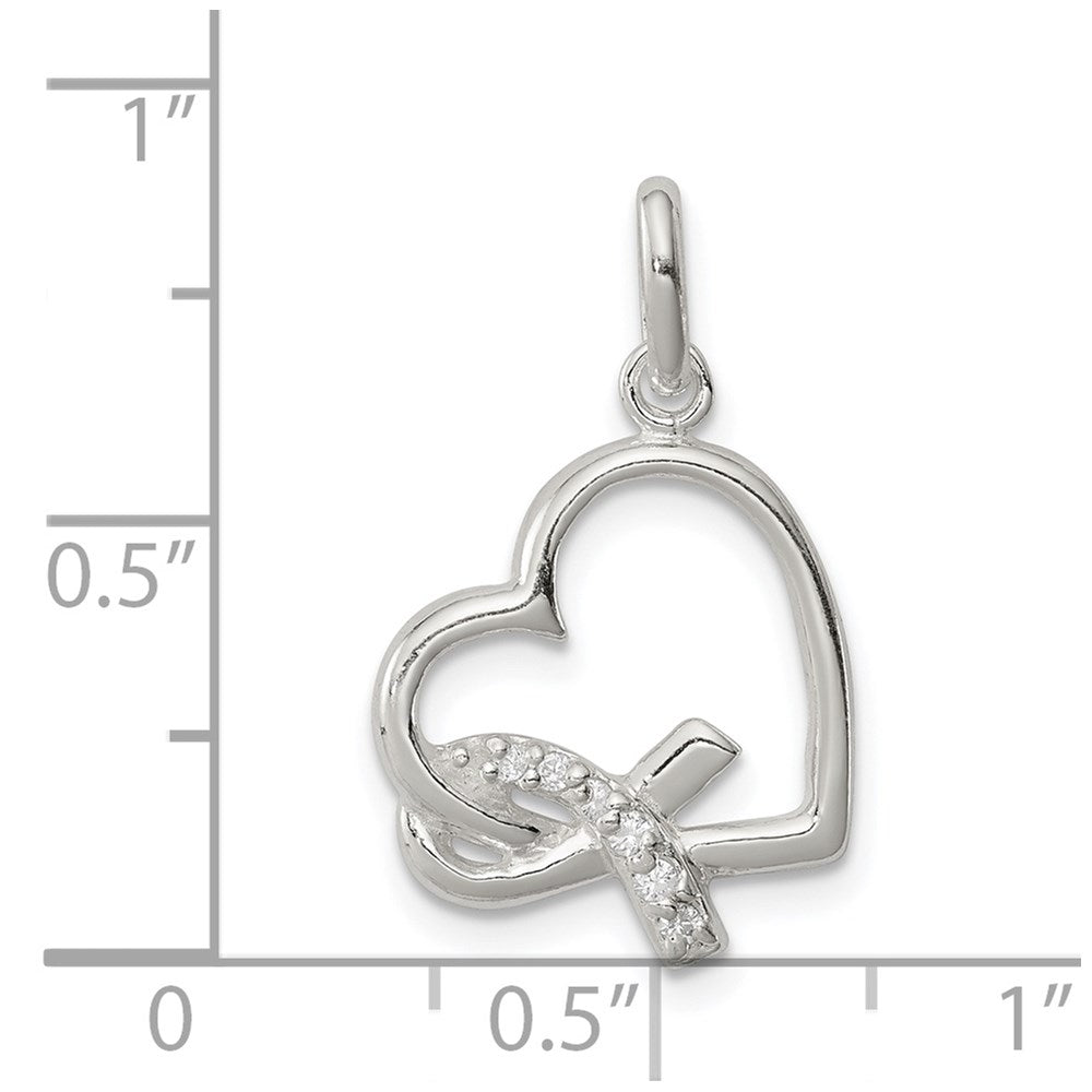 Sterling Silver Polished Heart w/ Awareness Ribbon CZ Charm