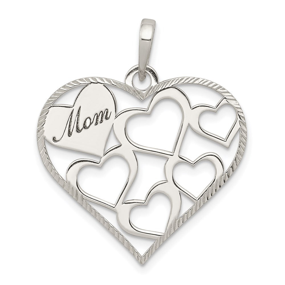 Sterling Silver Polished & Textured 'Mom' Engraved Heart Pendant