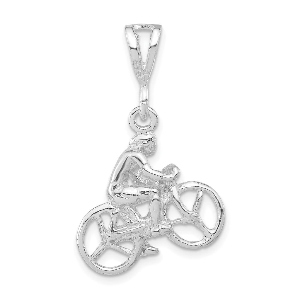 Sterling Silver 3-D Polished Cyclist on Bicycle Pendant