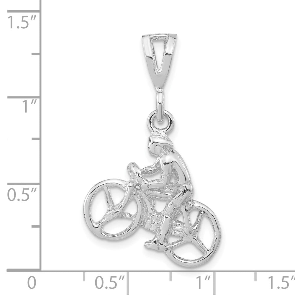 Sterling Silver 3-D Polished Cyclist on Bicycle Pendant