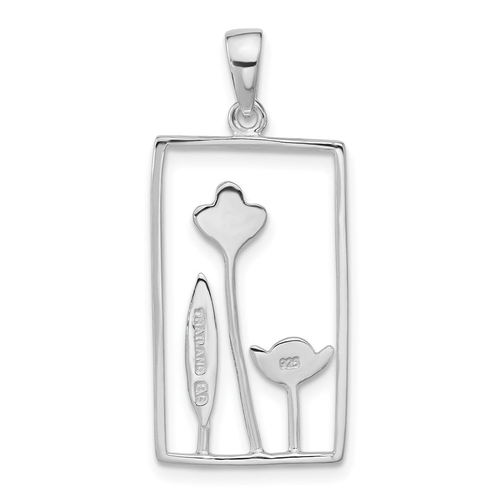 Sterling Silver Polished Rectangle Flower Pendant