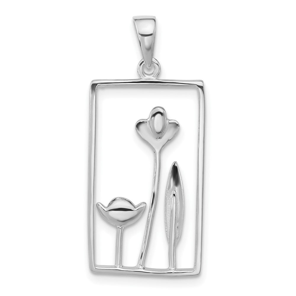 Sterling Silver Polished Rectangle Flower Pendant