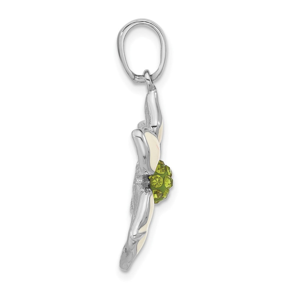 Sterling Silver Polished Green Preciosa Crystal & Enameled Flower Pendant