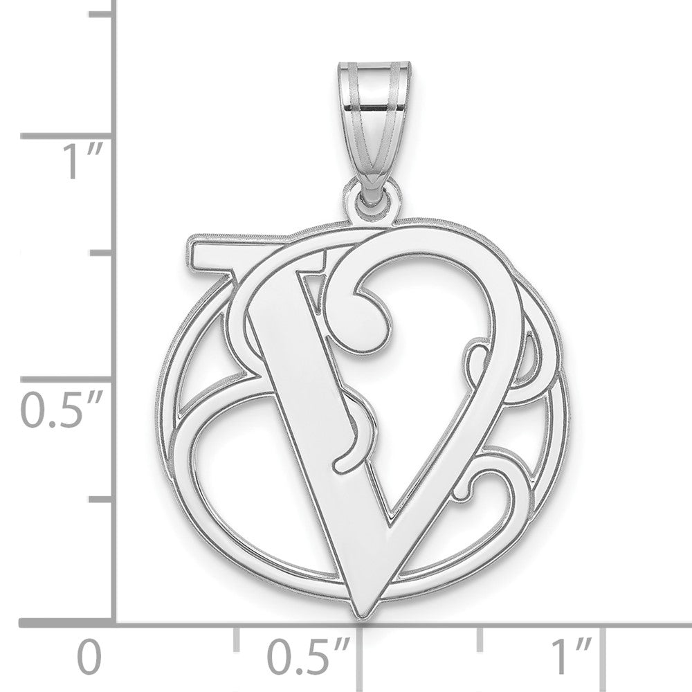 Sterling Silver Rhodium-plated Fancy Script Letter V Initial Pendant