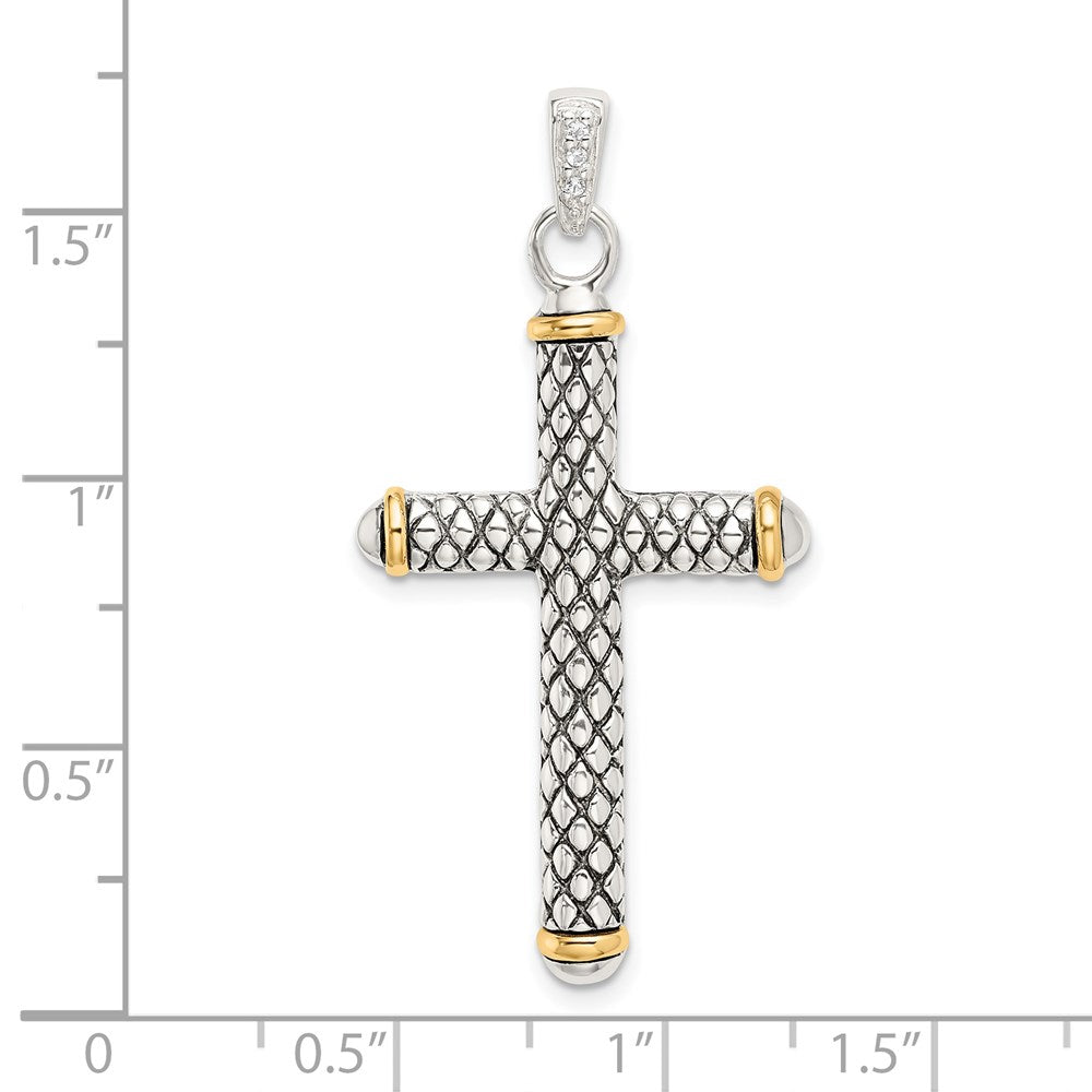 Sterling Silver w/14k White Topaz On Bail Antiqued Cross Pendant